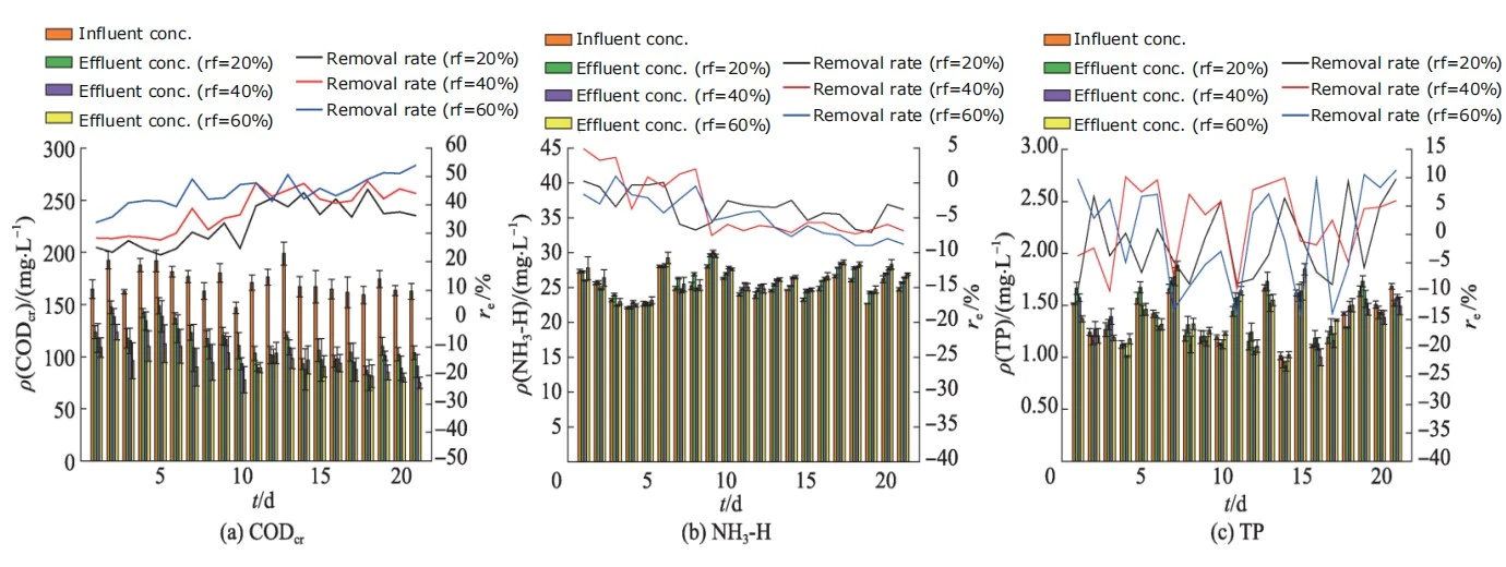 Pollutant removal efficiency comparison at 20%, 40%, and 60% carrier fill rates for CODCr, NH3-N, TN, and TP Pollutant removal efficiency comparison at 20%, 40%, and 60% carrier fill rates for CODCr, NH3-N, TN, and TP