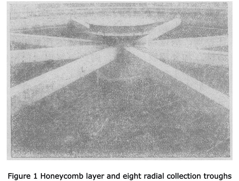 Plan view of honeycomb inclined tube settler showing eight radial short collection troughs feeding into annular collection trough around tank perimeter Plan view of honeycomb inclined tube settler showing eight radial short collection troughs feeding into annular collection trough around tank perimeter