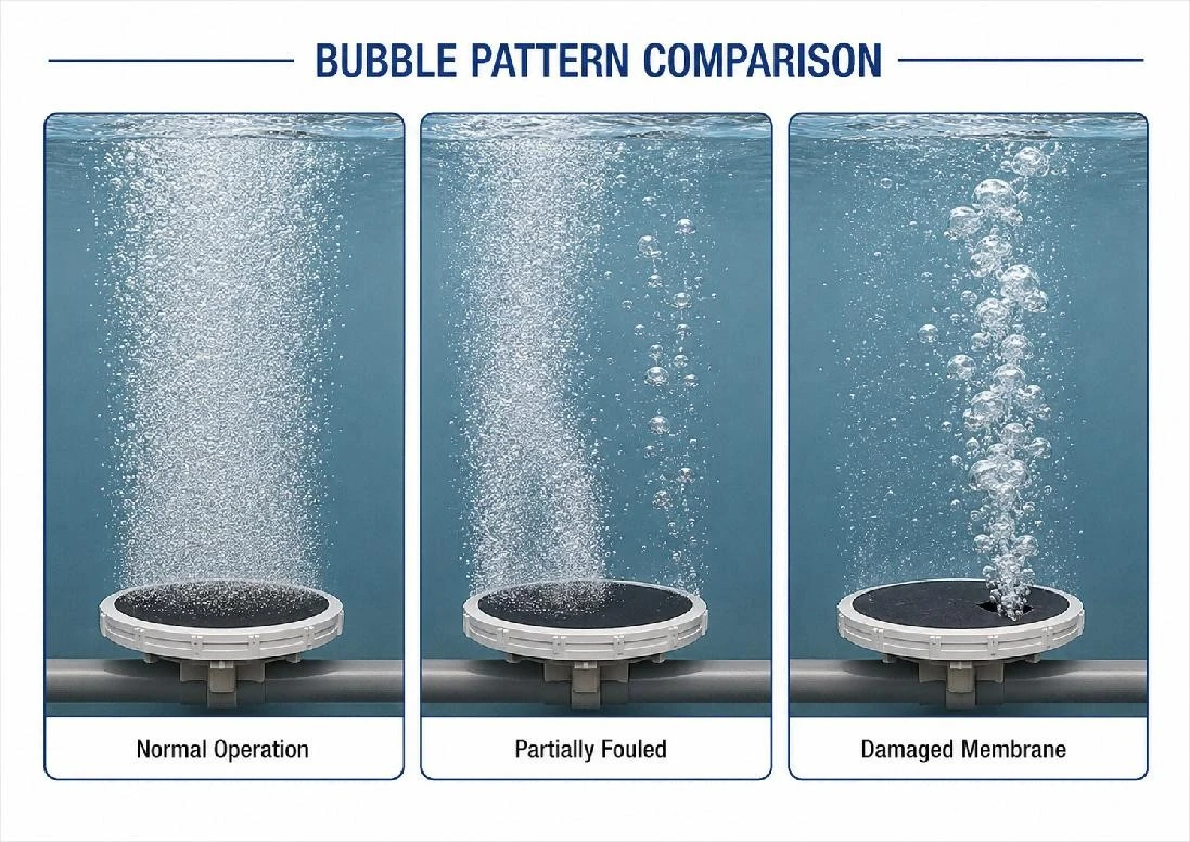 Bubble pattern comparison: normal operation, partial fouling, and membrane damage Bubble pattern comparison: normal operation, partial fouling, and membrane damage