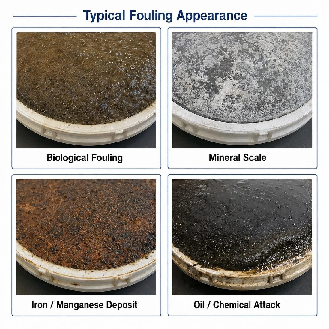 Typical disc diffuser membrane fouling appearances Typical disc diffuser membrane fouling appearances